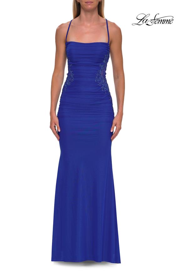 Picture of: Beaded Mesh Lace-Up Gown with Straight Neckline in Royal Blue, Style: 33678, Detail Picture 9
