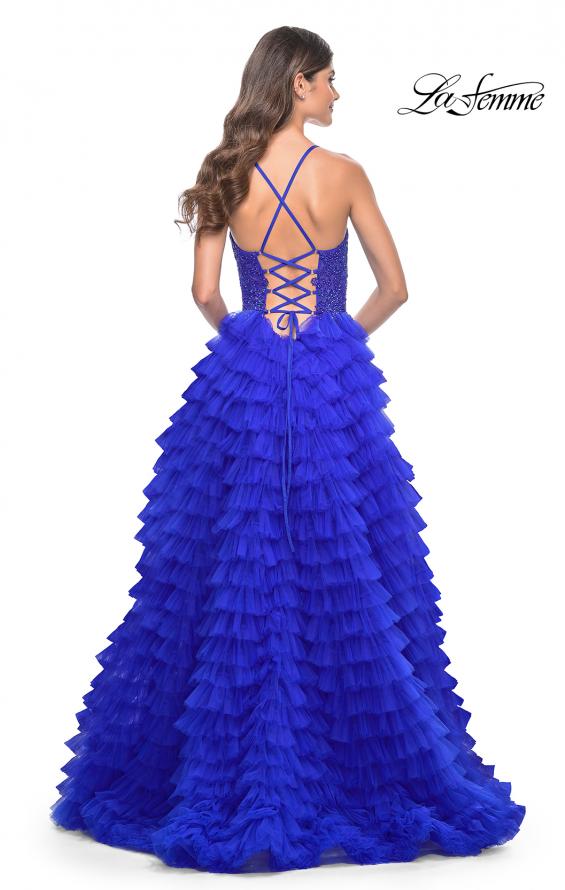 Picture of: Ruffle Tulle Prom Gown with Illusion Lace Bodice and High Slit in Royal Blue, Style: 32128, Detail Picture 10