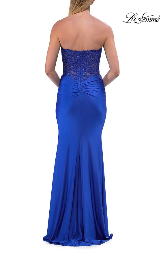 Picture of: Strapless Rhinestone Corset Gown with High Slit and Ruched Back in Royal Blue, Style: 33509, Detail Picture 10