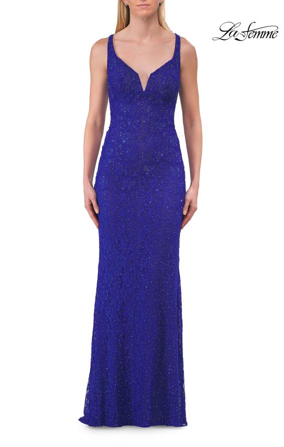 Blue Picture of: Lace Fitted Gown with Open Lace-Up Back in Royal Blue, Style: 33519, Detail Picture 10