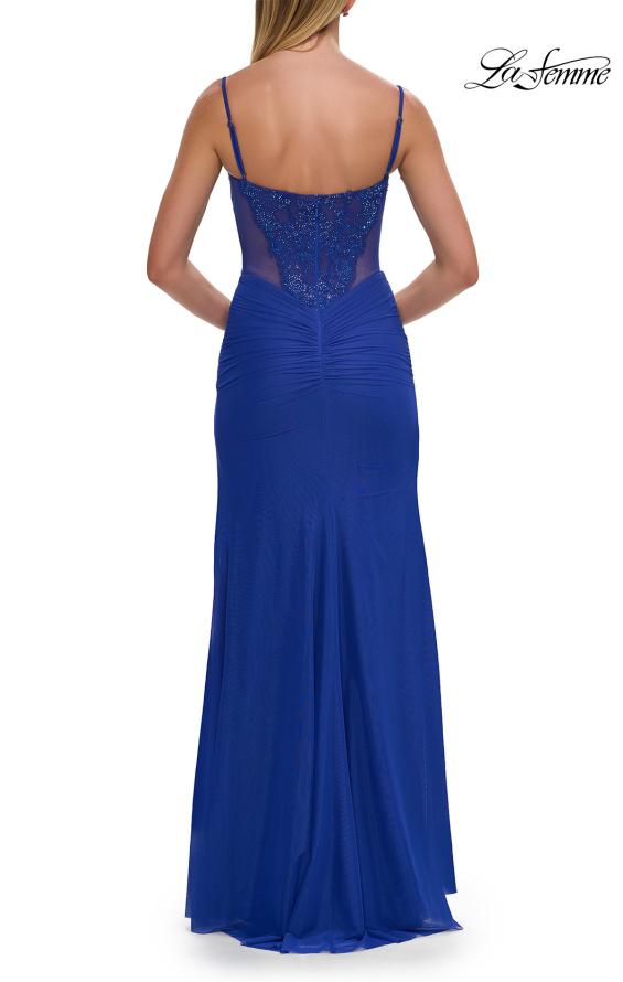 Picture of: Lace Bodice Gown with Ruched Skirt and High Slit in Royal Blue, Style: 33661, Detail Picture 10