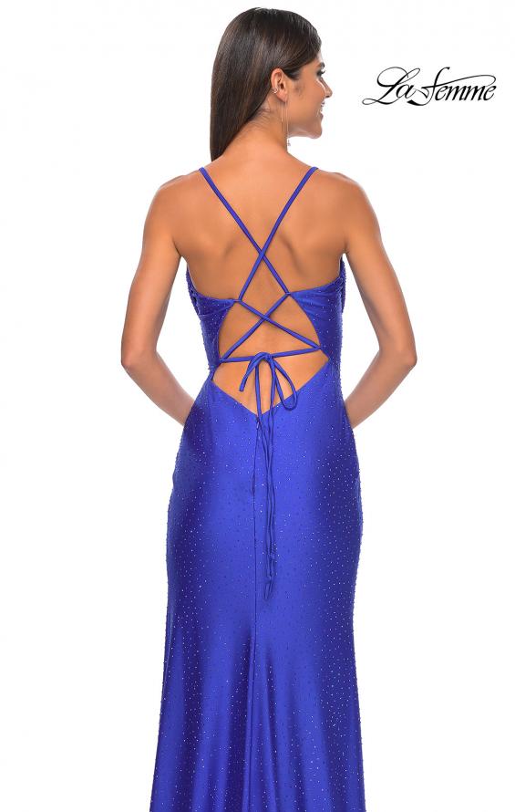 Picture of: Drape Neckline Jeweled Jersey Prom Dress with High Slit in Royal Blue, Style: 31221, Detail Picture 11