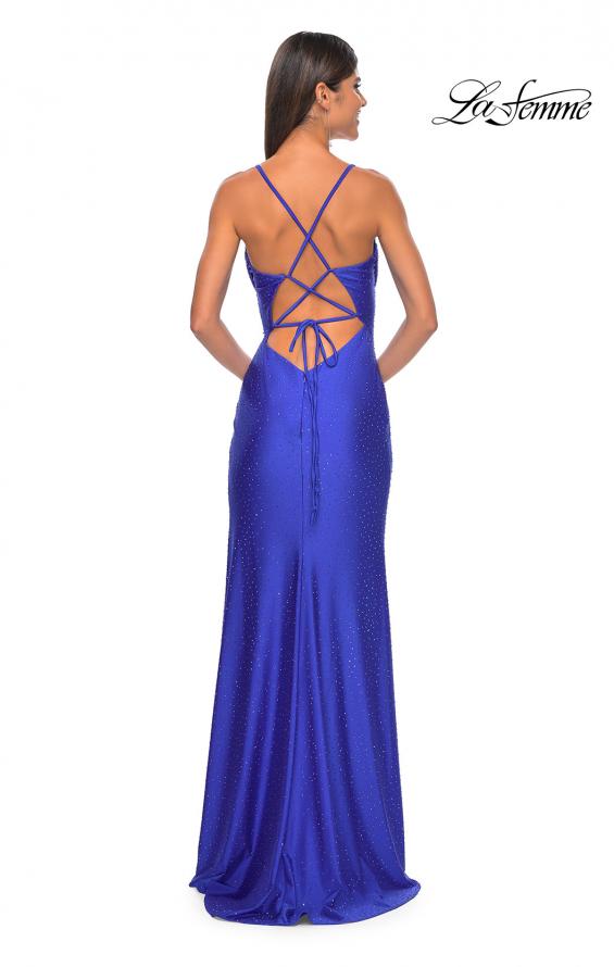 Picture of: Drape Neckline Jeweled Jersey Prom Dress with High Slit in Royal Blue, Style: 31221, Detail Picture 12