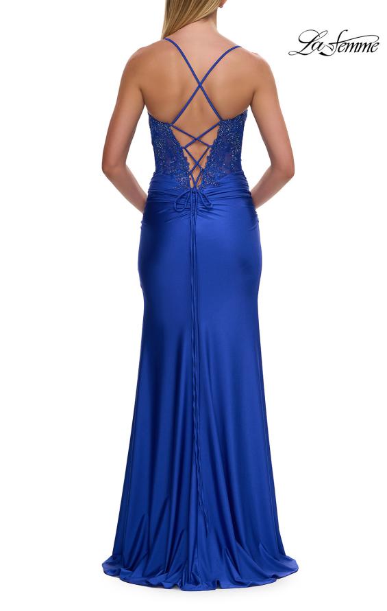 Picture of: Lace Corset Gown with High Slit and Lace-Up Back in Royal Blue, Style: 33505, Detail Picture 12
