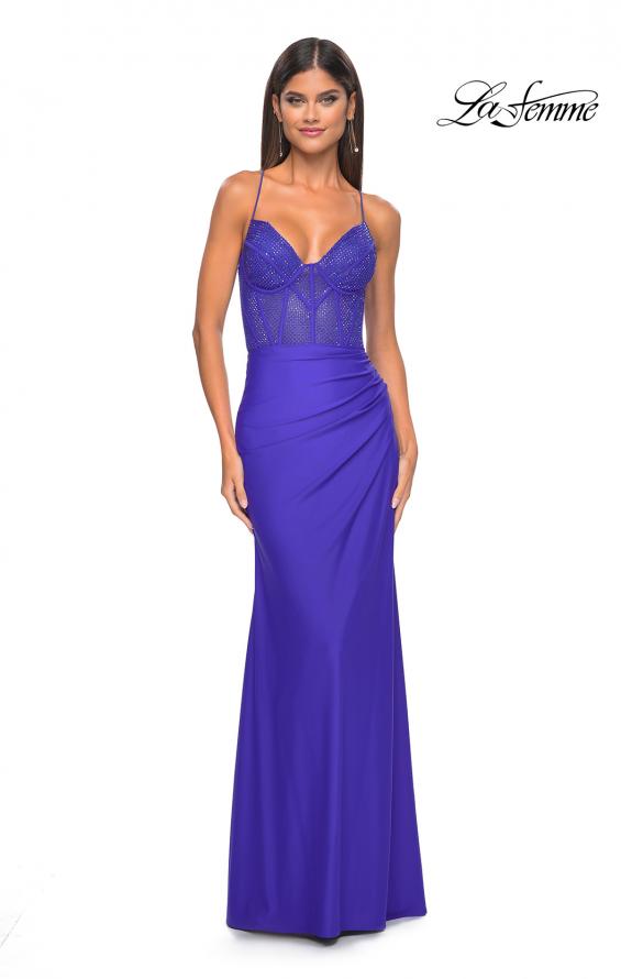 Picture of: Fitted Jersey Dress with Fishnet Rhinestone Illusion Bustier Top in Royal Blue, Style: 32230, Detail Picture 13