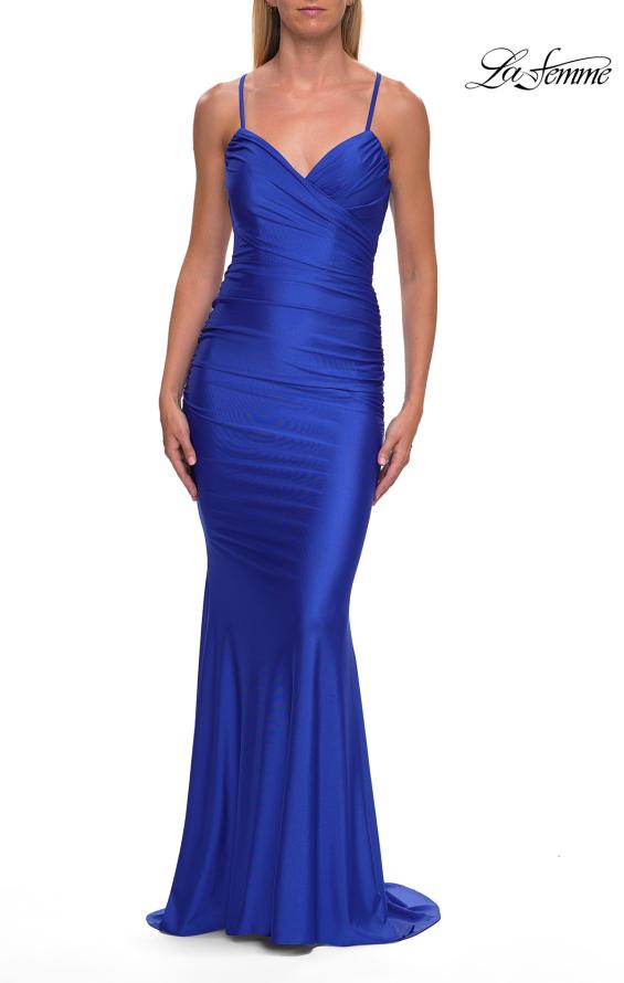 Picture of: Ruched Jersey Gown with Crisscross Open Back in Royal Blue, Style: 33723, Detail Picture 13