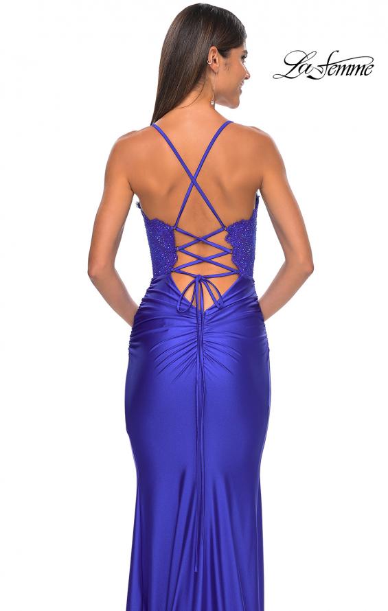 Picture of: Sheer Lace Bodice with Scallop Edge Jersey Long Dress in Royal Blue, Style: 31272, Detail Picture 14