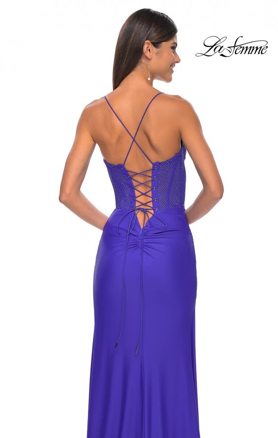 Picture of: Fitted Jersey Dress with Fishnet Rhinestone Illusion Bustier Top in Royal Blue, Style: 32230, Detail Picture 14