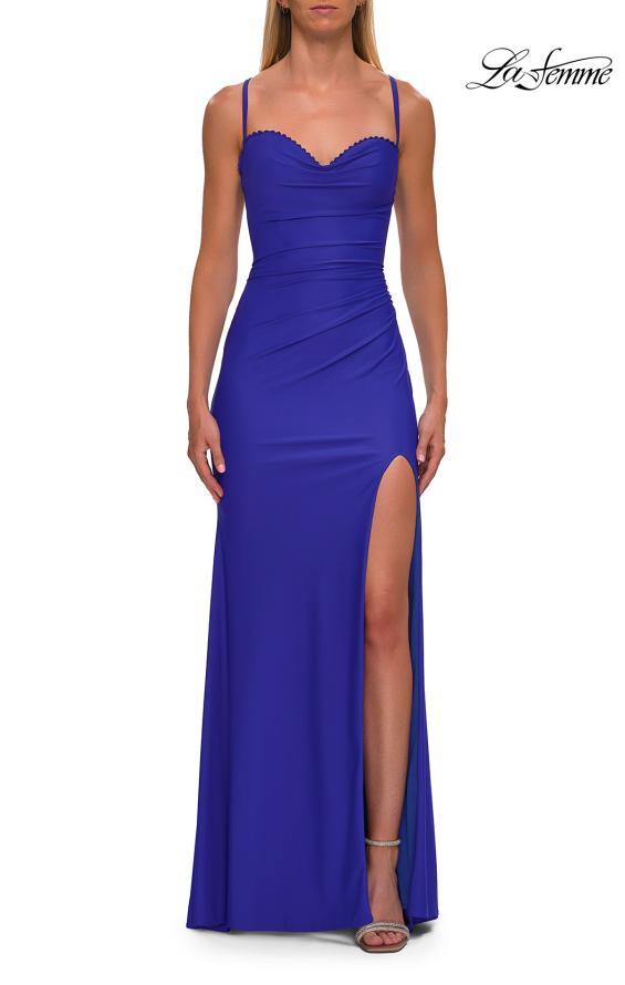 Picture of: Ruched Sweetheart Gown with Slit and Lace-Up Back in Royal Blue, Style: 33361, Detail Picture 14