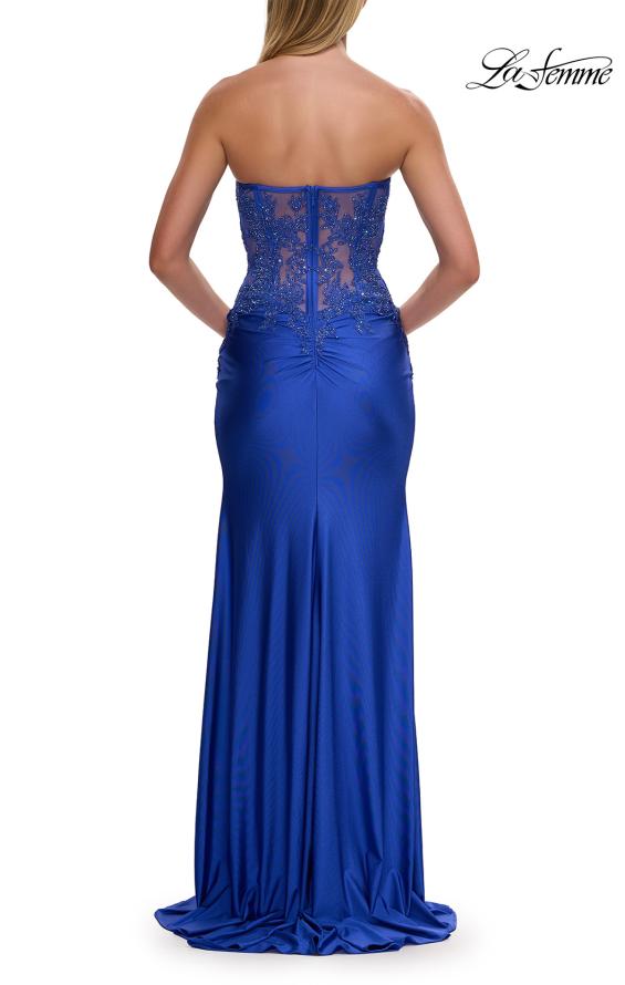 Blue Picture of: Strapless Sheer Lace Corset Gown with High Slit in Royal Blue, Style: 33398, Detail Picture 14