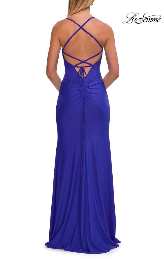 Picture of: Ruched Sweetheart Gown with Slit and Lace-Up Back in Royal Blue, Style: 33361, Detail Picture 15