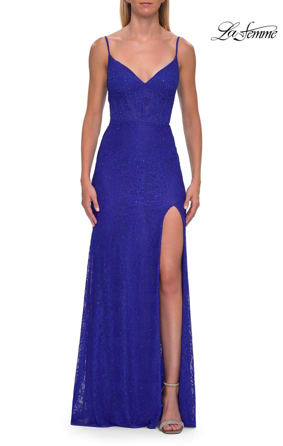 Blue Picture of: Rhinestone Lace Gown with Sheer Bodice and Side Slit in Royal Blue, Style: 33442, Detail Picture 15