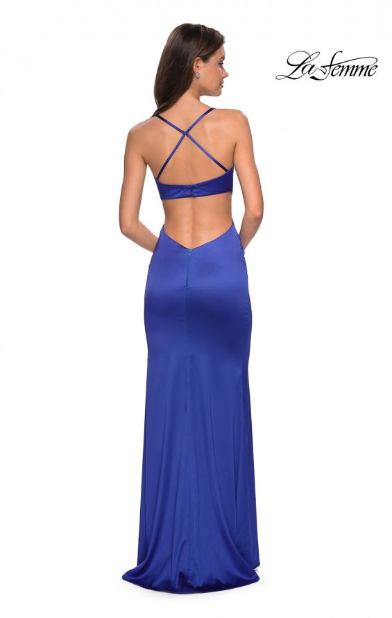 Picture of: Stretch Satin Long Form Fitting Dress with Leg Slit in Royal Blue, Style: 27682, Back Picture