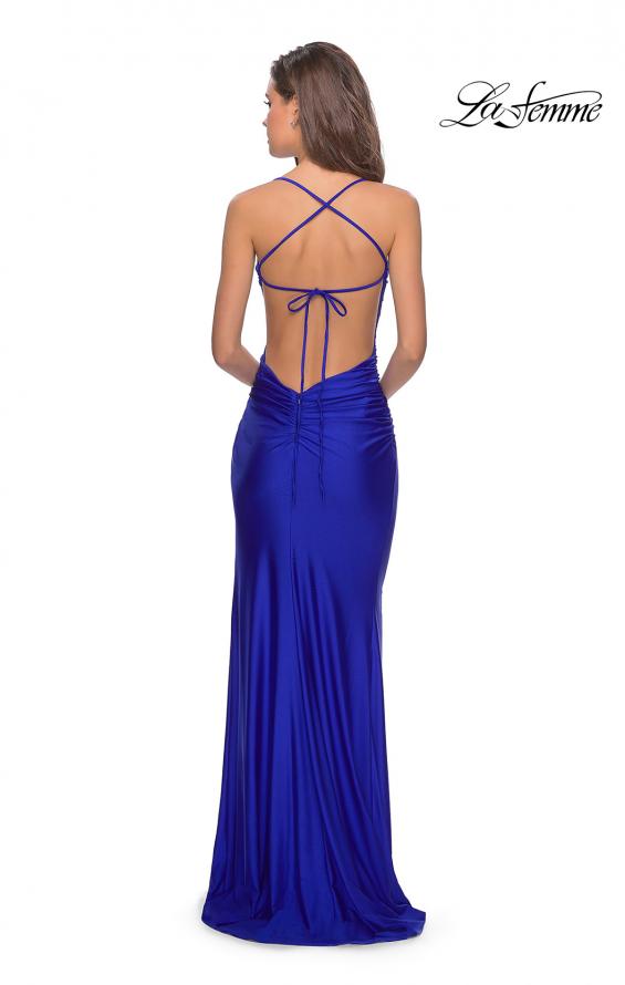 Picture of: Long Tie Up Back Jersey Prom Dress with Slit in Royal Blue, Style: 28296, Back Picture