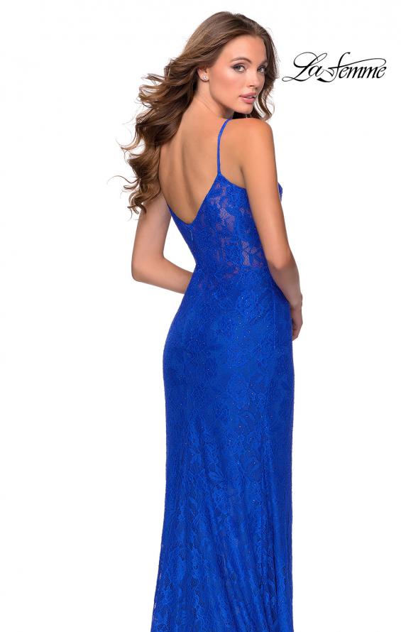 Picture of: Stretch Lace Dress with Sheer Bodice and Rhinestones in Royal Blue, Style: 28576, Back Picture