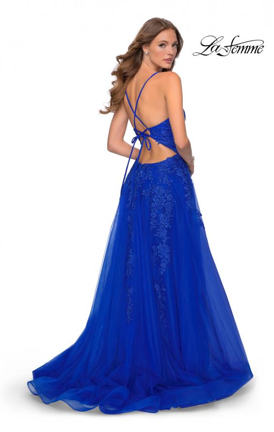 Picture of: Tulle Prom Dress with Floral Detail and Side Slit in Royal Blue, Style: 28985, Back Picture