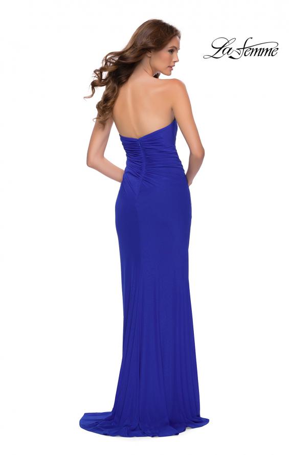 Picture of: Strapless Jersey Dress with Ruching and Skirt Slit in Royal Blue, Style 29489, Back Picture