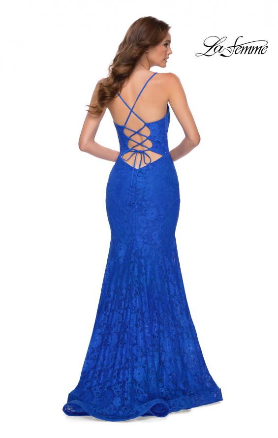 Picture of: Stretch Lace Gown with Lace Up Strappy Back in Royal Blue, Style 29611, Back Picture