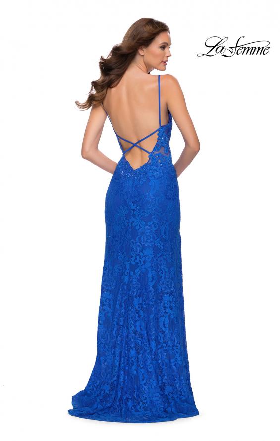 Picture of: Stretch Lace Long Dress with Deep V Neckline in Royal Blue, Style 29842, Back Picture
