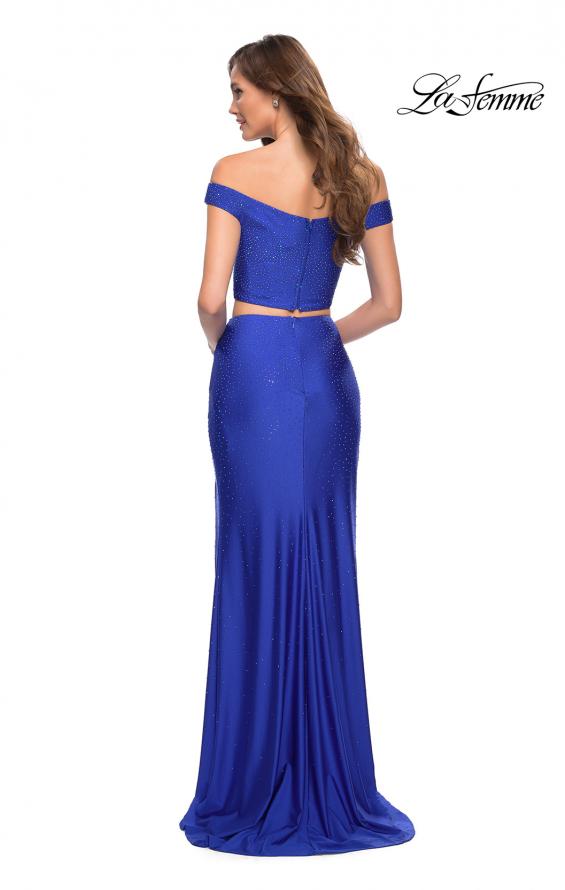 Picture of: Rhinestone Off the Shoulder Jersey Two Piece Prom Dress in Royal Blue, Style 29951, Back Picture