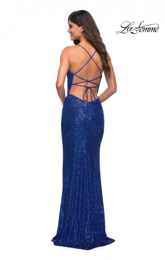 Picture of: Long Sequin Prom Dress with Open Lace Up Back in Royal Blue, Back Picture