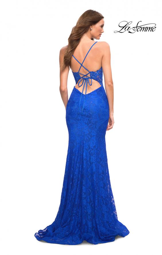 Picture of: Lace Gown with Sheer Lace Applique Side Panels in Royal Blue, Back Picture