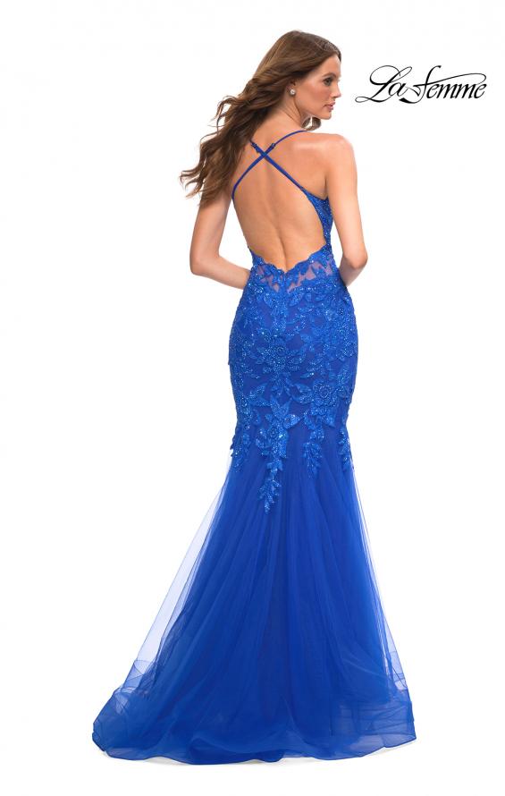 Picture of: Mermaid Tulle and Lace Jeweled Prom Dress in Royal Blue, Back Picture