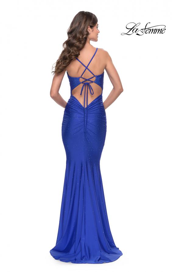 Picture of: Embellished Rhinestone Jersey Long Dress with Lace Up Back in Royal Blue, Style: 30996, Back Picture