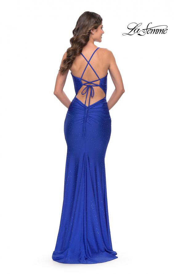Picture of: Rhinestone Ruched Jersey Prom Dress with Lace Up Back in Royal Blue, Style: 31201, Back Picture