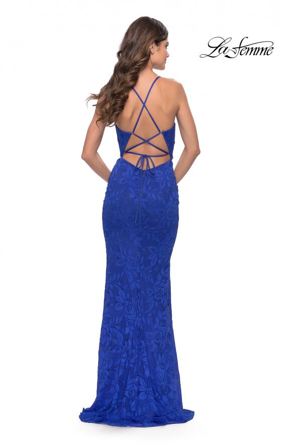 Picture of: Fitted Stretch Lace Prom Dress with Banded Waist in Royal Blue, Style: 31234, Back Picture