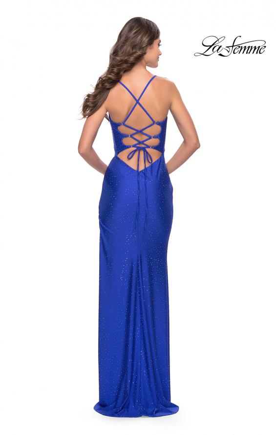 Picture of: Rhinestone Jersey Dress with Strappy Back and High Slit in Royal Blue, Style: 31398, Back Picture