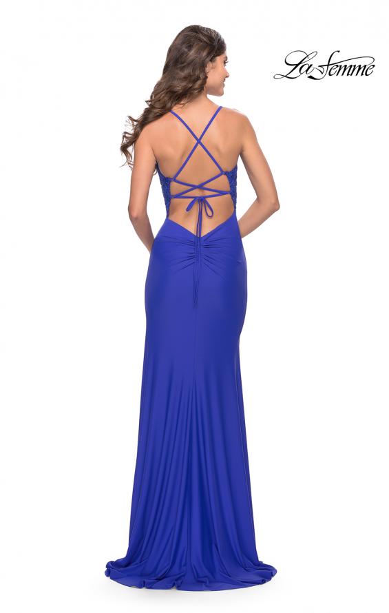 Picture of: Lace Asymmetrical Gown with Jersey Skirt and Twist Knot Detail in Royal Blue, Style: 31520, Back Picture
