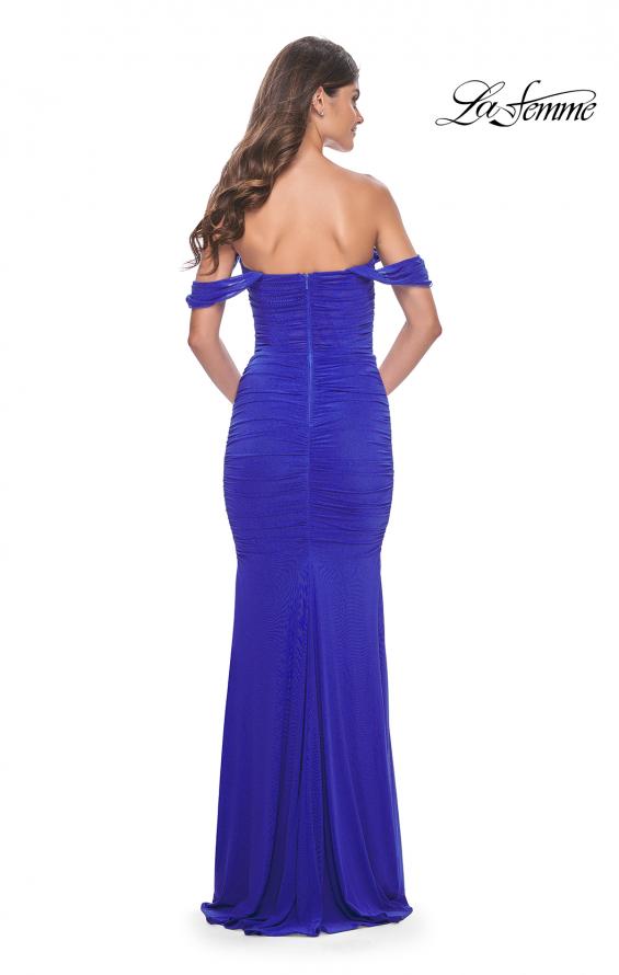 Picture of: Off the Shoulder Net Jersey Dress with Ruching in Royal Blue, Style: 31914, Back Picture