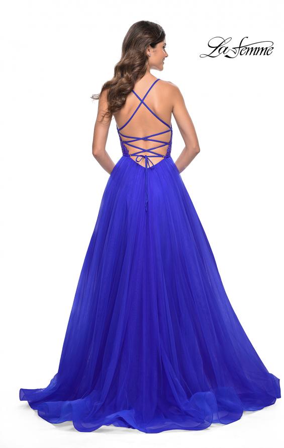 Picture of: Illusion Lace Bodice A-Line Tulle Prom Dress with Slit in Royal Blue, Style: 32059, Back Picture