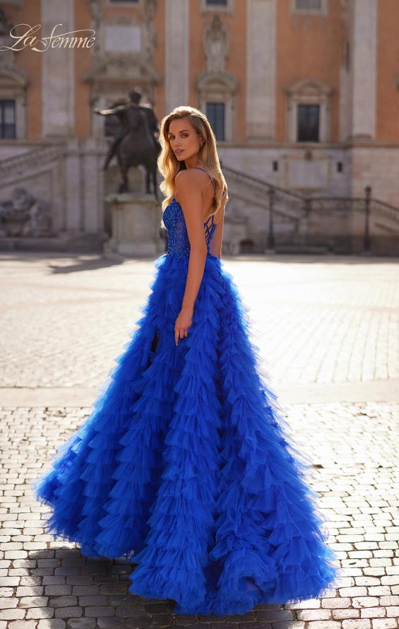 Picture of: Ruffle Tulle Prom Gown with Illusion Lace Bodice and High Slit in Royal Blue, Style: 32128, Back Picture