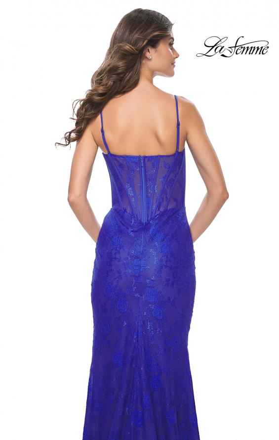 Picture of: Stretch Lace Fitted Dress with Illusion Bustier Top in Royal Blue, Style: 32231, Back Picture