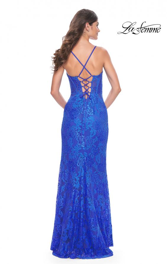 Picture of: Stretch Lace Dress with Bustier Top and Illusion Back in Royal Blue, Style: 32248, Back Picture