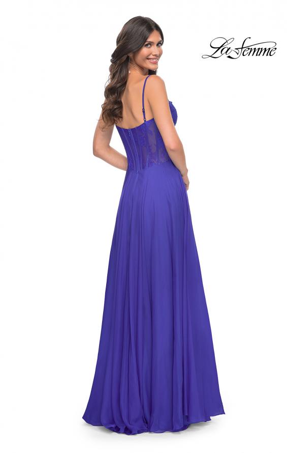 Picture of: Chiffon and Lace Gown with Bustier Top in Blue, Style: 32276, Back Picture