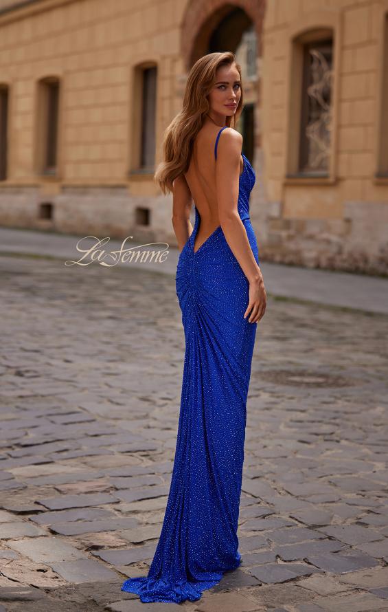 Picture of: Rhinestone Cowl Neck Gown with Open Back and Ruching in Royal Blue, Style: 33302, Back Picture