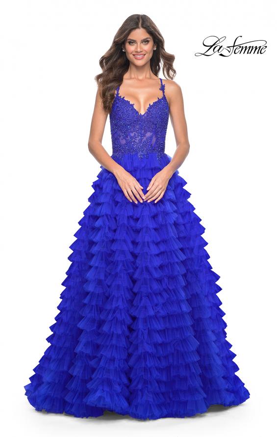 Picture of: Ruffle Tulle Prom Gown with Illusion Lace Bodice and High Slit in Royal Blue, Style: 32128, Detail Picture 19