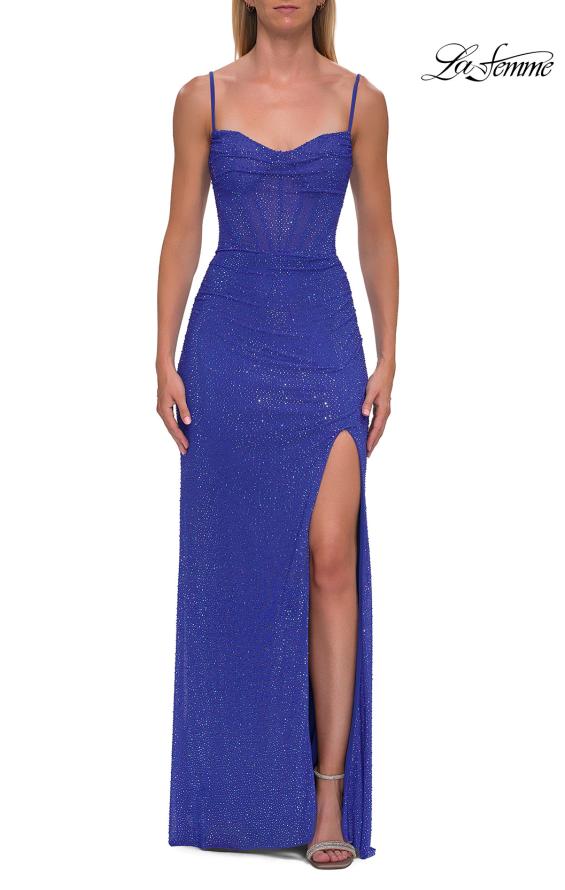 Picture of: Rhinestone Fitted Gown with Draped Bodice and Sheer Corset Back in Royal Blue, Style: 33343, Detail Picture 19