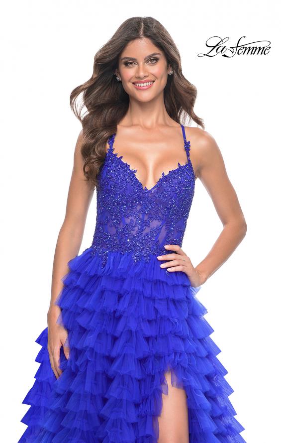 Picture of: Ruffle Tulle Prom Gown with Illusion Lace Bodice and High Slit in Royal Blue, Style: 32128, Detail Picture 20