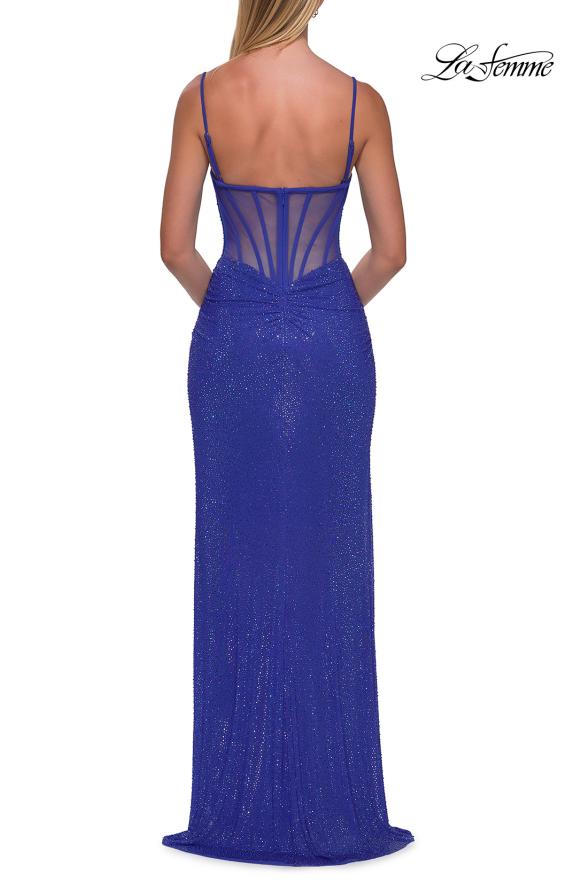 Picture of: Rhinestone Fitted Gown with Draped Bodice and Sheer Corset Back in Royal Blue, Style: 33343, Detail Picture 20