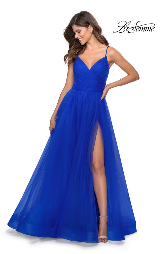 Picture of: Long Tulle A-line Prom Gown with Side Slit and Pockets in Royal Blue, Style: 28561, Detail Picture 1