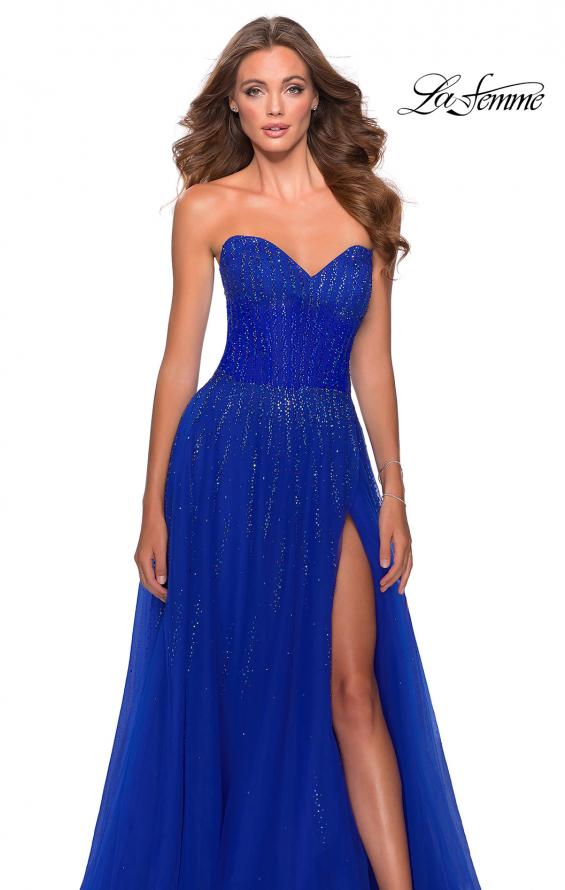 Picture of: Strapless Beaded Prom Gown with Slit and Pockets in Royal Blue, Style 28603, Detail Picture 1