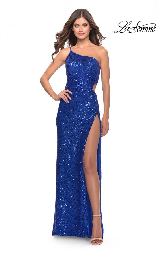 Picture of: One Shoulder Sequin Dress with Circle Cut Out in Royal Blue, Style: 31089, Detail Picture 1