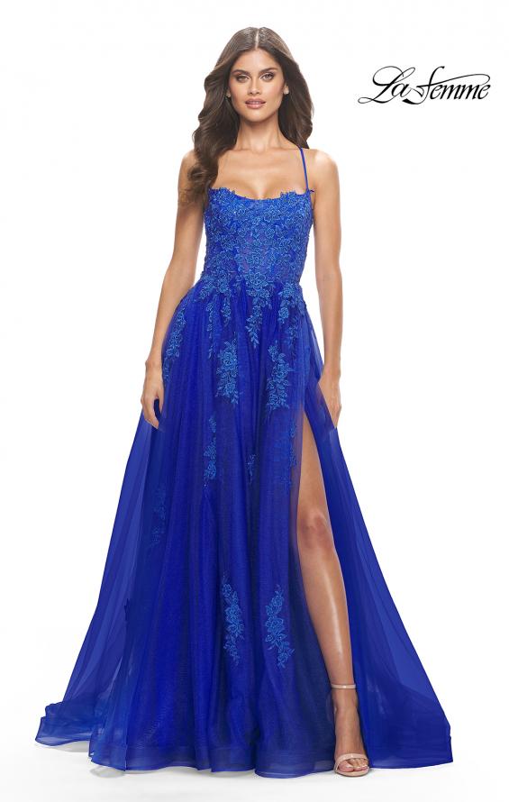 Picture of: A-line Tulle Gown with Floral Embroidery and Pockets in Royal Blue, Style: 31135, Detail Picture 1