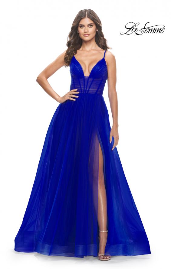 Picture of: A-Line Tulle Gown with Illusion Bodice and Boning in Royal Blue, Style: 31147, Detail Picture 1