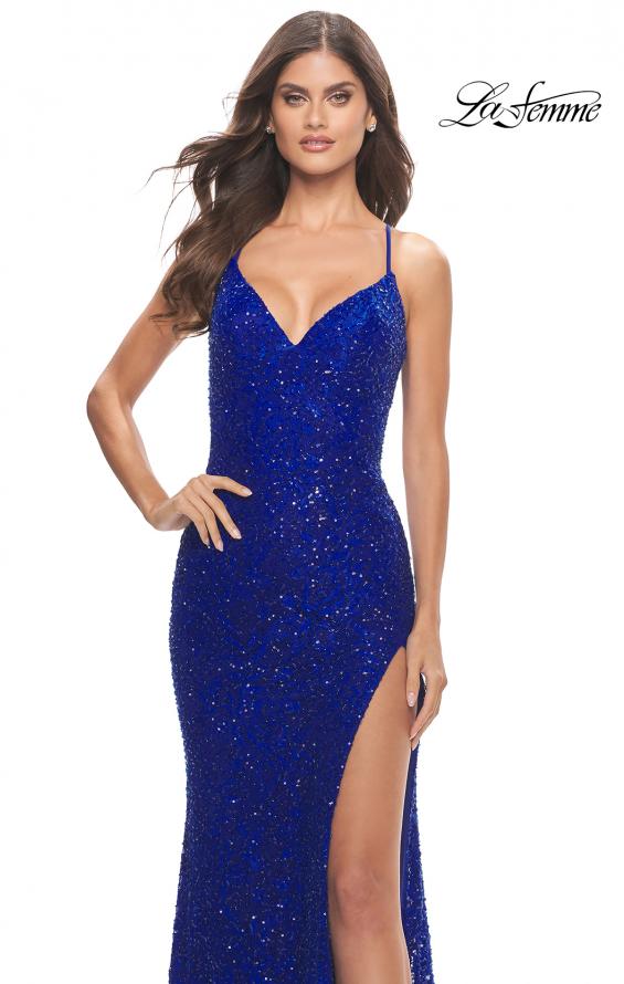 Picture of: Beaded Lace Gown with High Slit and V Neck in Royal Blue, Style: 31388, Detail Picture 1
