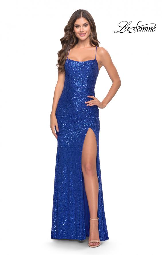 Picture of: Lace Up Back Sequin Gown with Flare Skirt in Royal Blue, Style: 31508, Detail Picture 1